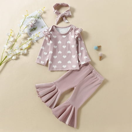 

Hunpta Toddler Girls Long Sleeve Love Print Ribbed Tops Pants Headbands Newborn Outfits 3PCS Outfits Clothes Set