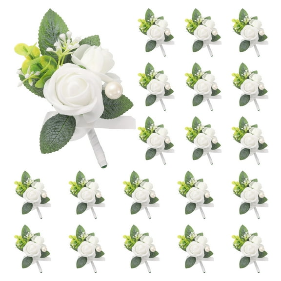 20pcs White Boutonnieres for Men, Artificial Flower Pocket Corsage for Wedding Party