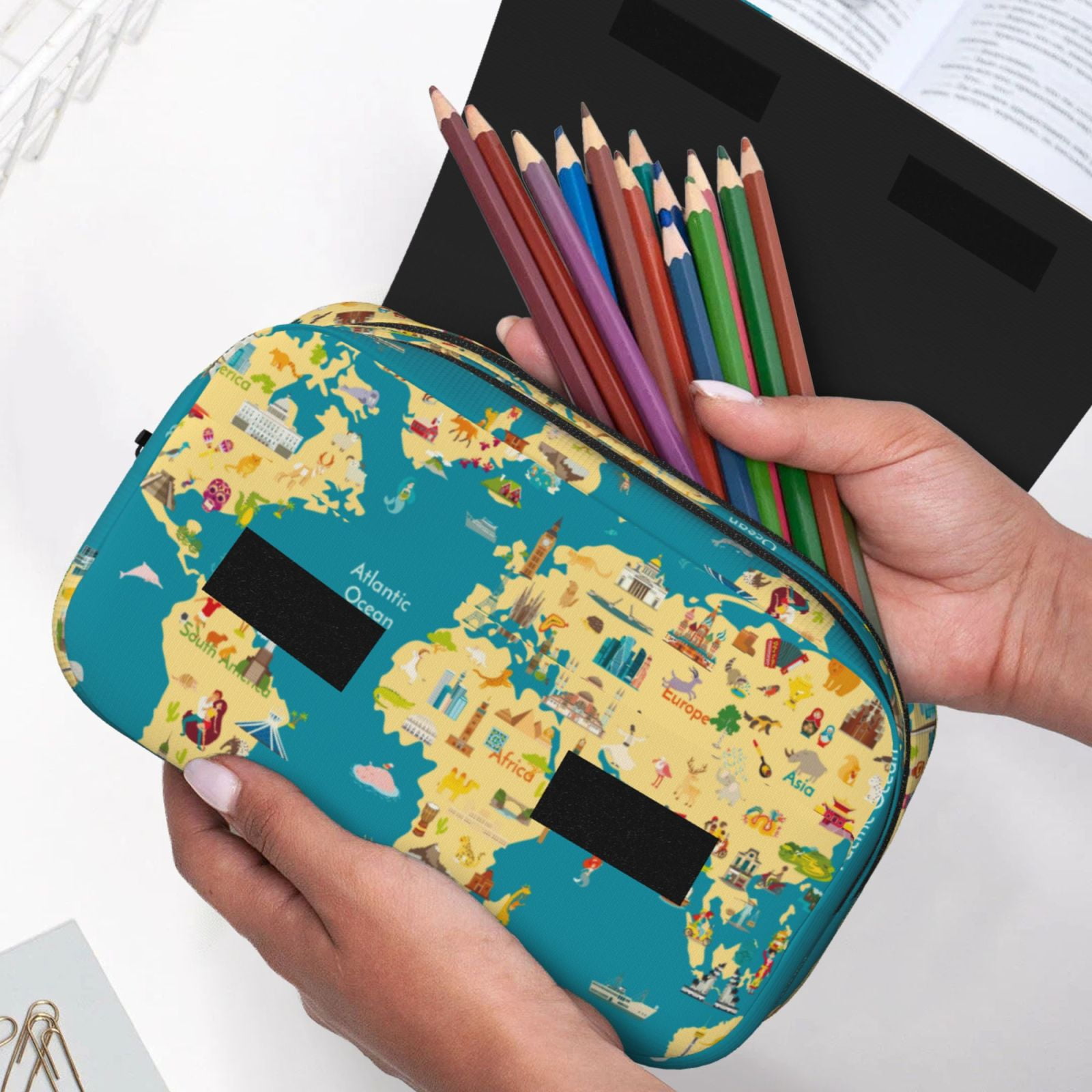 Rateoe World Map With Landmarks Pattern Double Clamshell Pen Case, Storage Organizer with Two Zipper Compartments– Holds Up to 50 Pencils & Pens