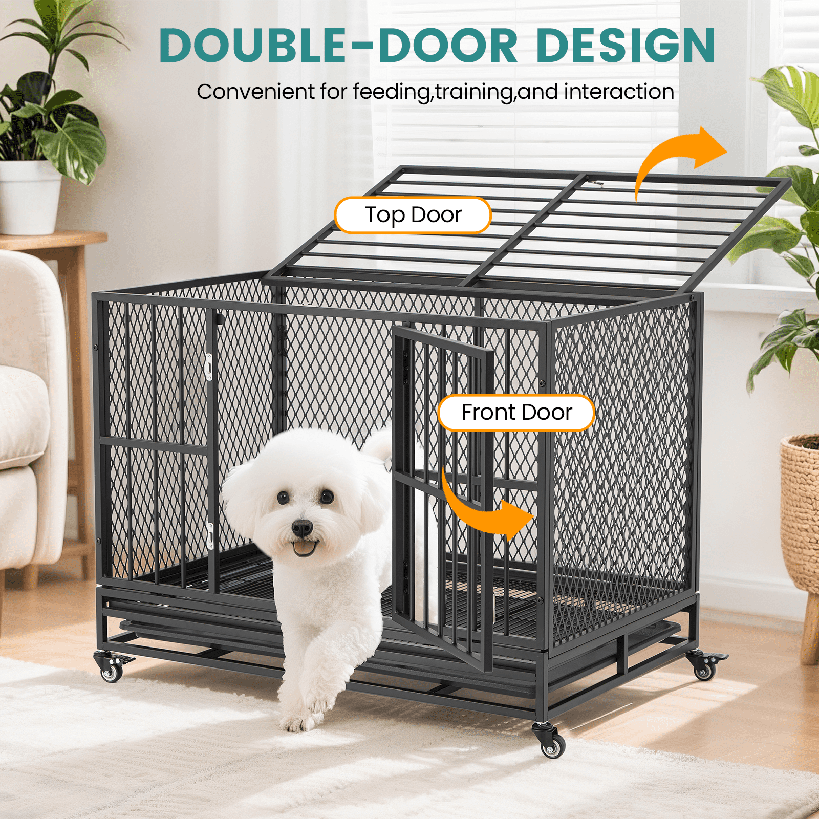 Erinnyees 37" Heavy Duty Dog Crate, Folding Large Dog Kennel for Medium Large Dogs, Metal Dog Cage with Lockable Wheels, Dual Locks, Removable Tray, Easy Assembly