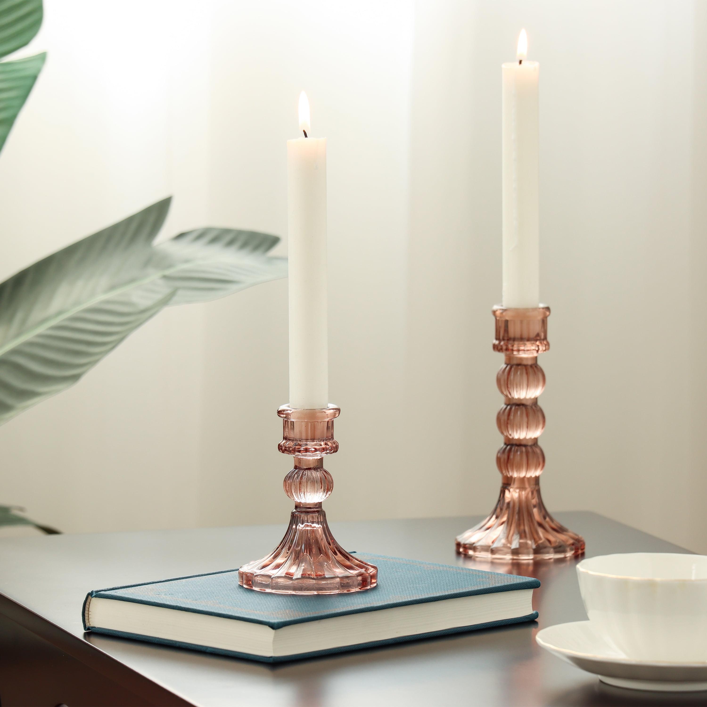 Home Decor Collection Sterling & Noble Home Pink Translucent Glass Decorative Tabletop Taper Candle Holder, Small