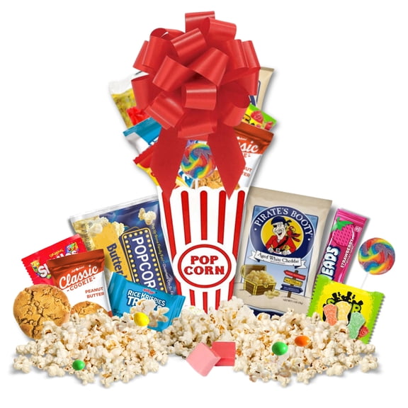 Movie Night Gift Box – Popcorn Bucket with Popcorn, Candy, Peanut Butter Cookie & Pirate’s Booty Snacks