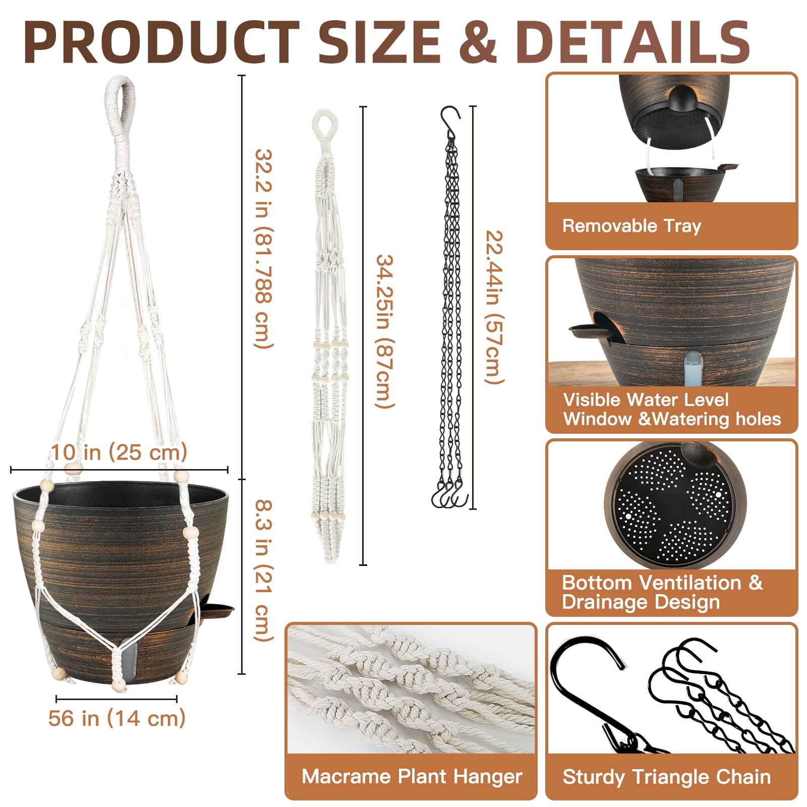 FIASON 2 Pack Bronze 10 Inch Round Hanging Planters with Visible Water Level, Drainage Holes, Removable Tray,Self-Watering Hanging Planters for Indoor Outdoor