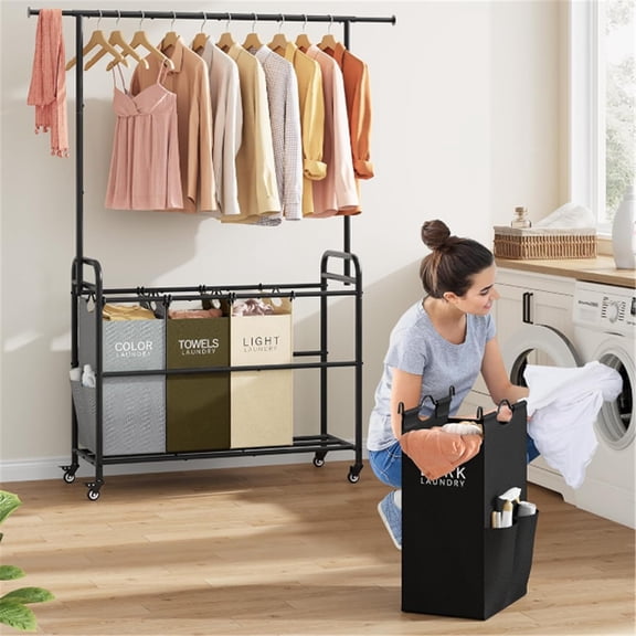 Laundry Sorter Cart with Hanging Clothes Rack, 4 Butler Sorter Basket Organizer, Laundry Hamper Cart with Heavy Duty Rolling Lockable Wheels, 4 Colors