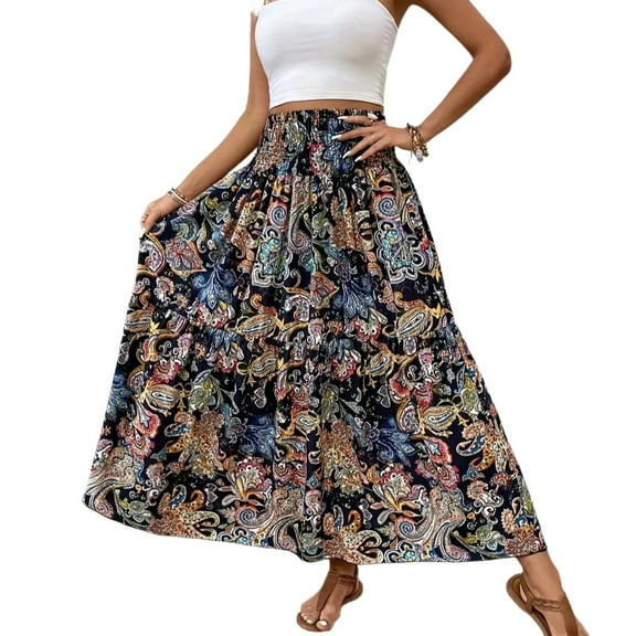 WTOBBY Women's Bohemian Print Smocked Floral Maxi Skirt with Loose High Waist and Big Swing, Summer Beach A-Line Pleated Long Skirt for Casual Vacation Wear,Black L
