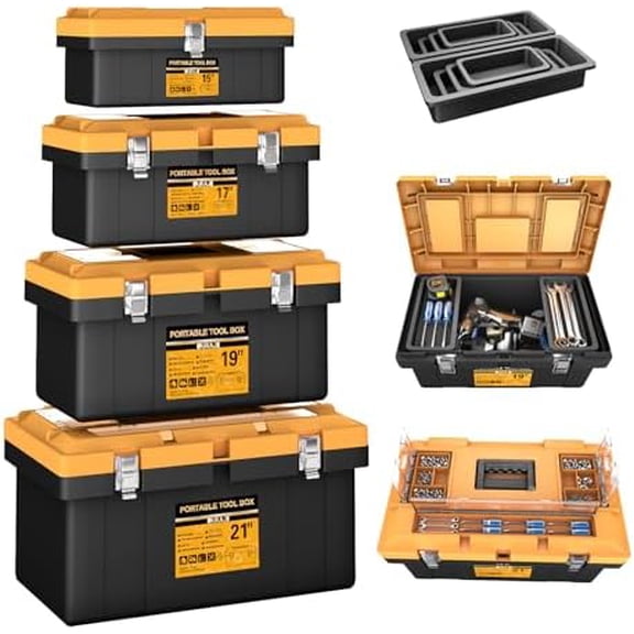 Tool Box | 4 In 1 Toolbox Set | 8 Removable Tool Box Organizers | 15” 17” 19” 21” | Lockable Portable Tool Boxes | Mini/Small/Large Toolboxes | Garage Storage Tools | Home/Professional | Hand/Power