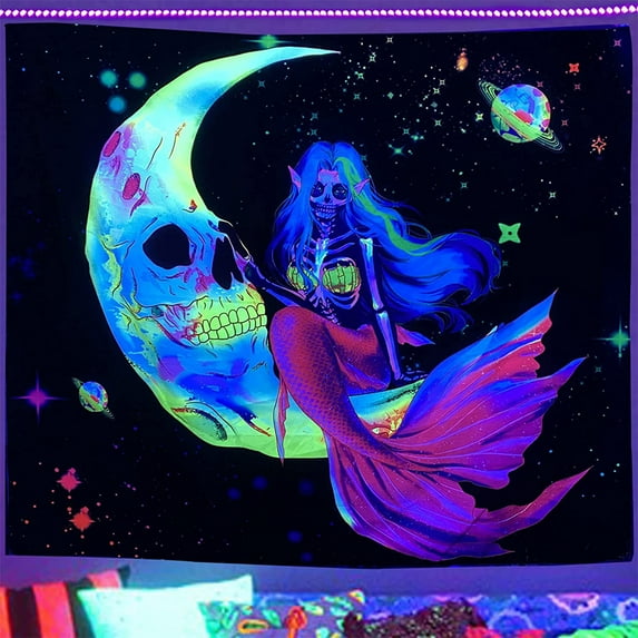 CUH UV Reactive Luminous Tapestry Throw Cover Tapestry Wall Hanging Tapestries Psychedelic Hippie Blacklight Tapestry 2#Moon W:91"xL:71"