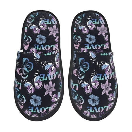 Balery Love Butterflies Slient Indoor Furry Fleece Comfort House Shoes Soft Non-Slip Home Shoes Cotton slippers House Slippers-- Large