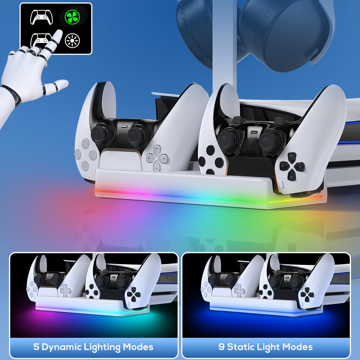 Horizontal Charging Stand & Cooling Fan Station for PS5 Slim Digital & Disc, Dual Charger for DualSense Controllers with 14 RGB Light Modes & Headset Holder Accessories-White