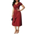 thumbnail image 2 of HEVIRGO Robe Midi de Fête pour Femme Grande Taille à Manches Courtes, Col en V, Ourlet Asymétrique, Taille Ajustée, Rouge TTG, 2 of 10
