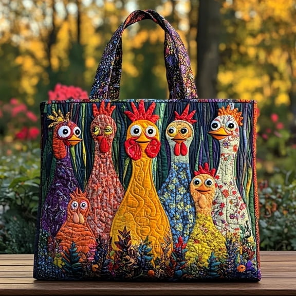 Forestwhale 15" Colorful Chicken Quilted Tote Bag Stylish Printed Shoulder Handbag Durable Water-Resistant Fabric Versatile Gym & Shopping Bag for Women & All Ages