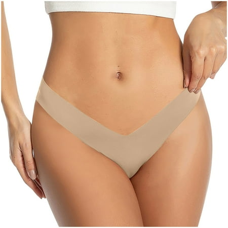 Ashirexll Panties for Women  Thongs for Women Low Waist Deep V-Neck Solid Color Seamless Traceless Stretch Silk Thong Panties Khaki L