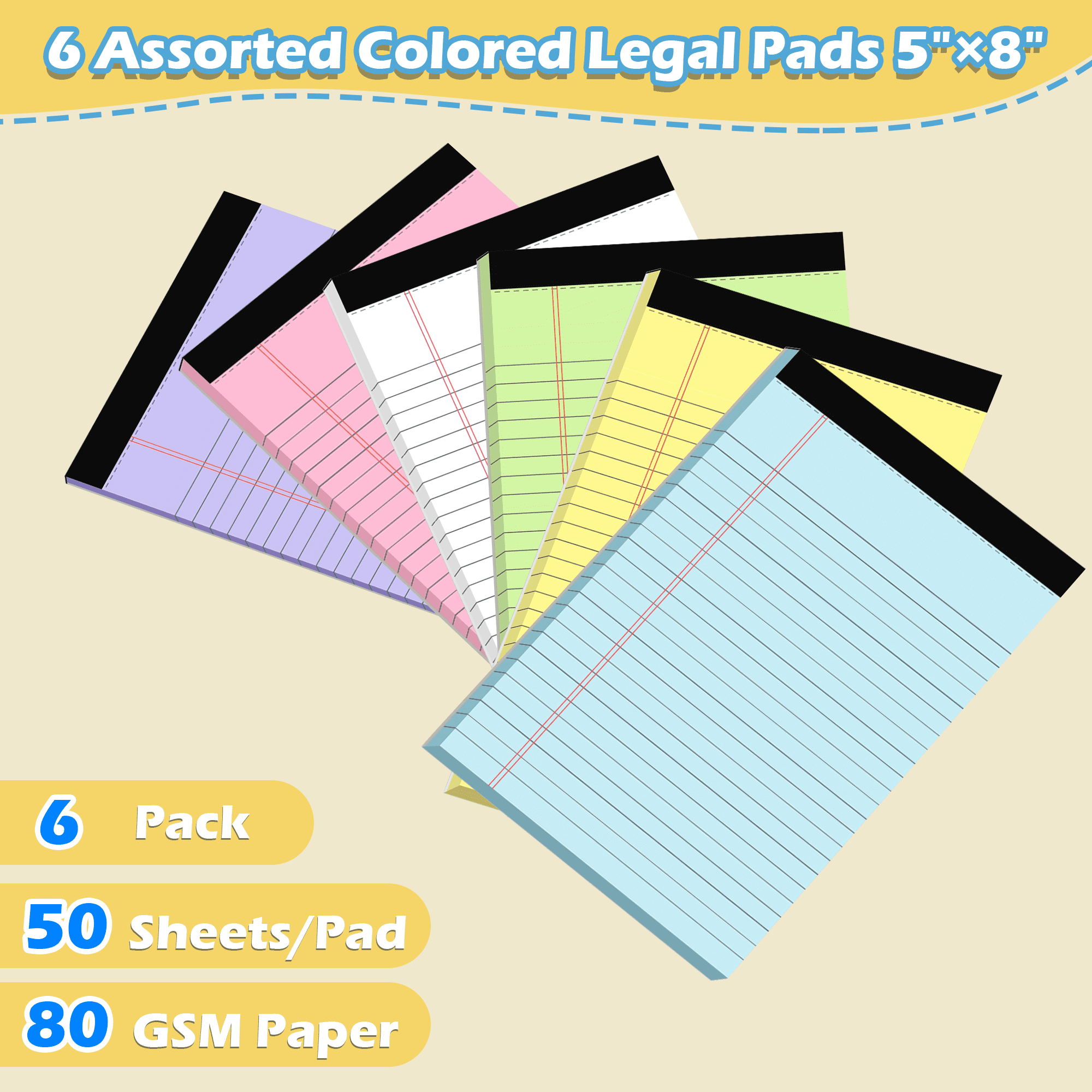 6 Pack Colored Legal Pads 5x8 Inch, College Ruled Note Pads, Micro Perforated 50 Sheets Writing Notepads for Office School Home Use