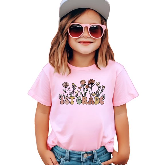 1st Grade Floral Shirt for Girls Cute Back to School Flower Graphic Tee for Kids Pink Shirt 5-6