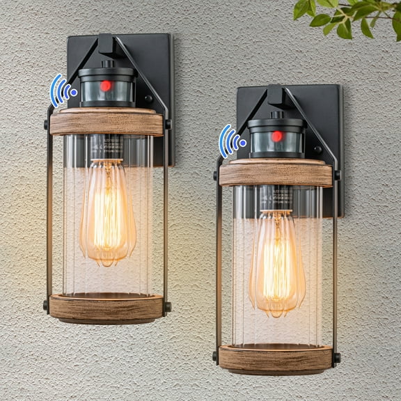 C Cattleya Black and Woodgrain Motion Sensing Dusk to Dawn Outdoor Wall Lantern Sconces(2-Pack)