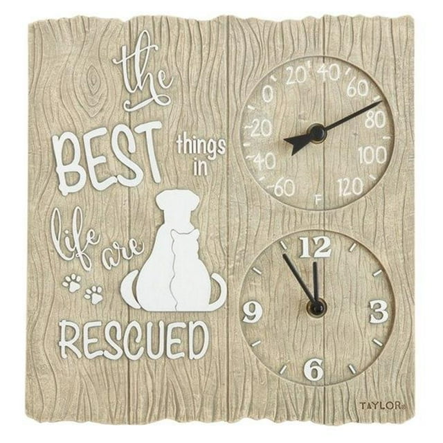 Taylor Precision Products 5265975 14 in. Pet Rescue Poly Resin Clock with Thermometer, Beige