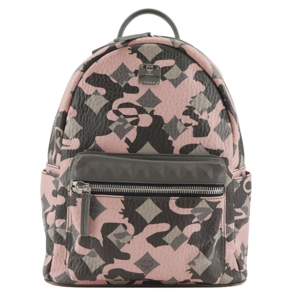 Pre-Owned MCM Studded Backpack/Daypack, Camouflage Pattern, Calfskin, Pink, 2-way, A5 Size,...