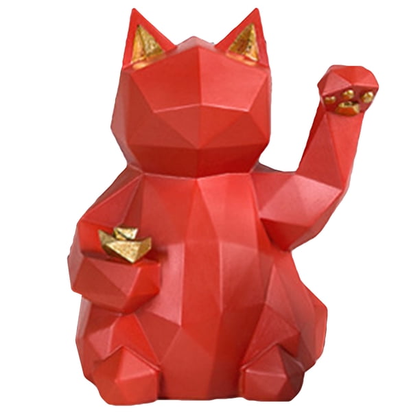 Figurita de gato de la fortuna estilo geométrico resina ecológica figura de Maneki Neko rojo brillante para estante de escritorio de mesa rojo