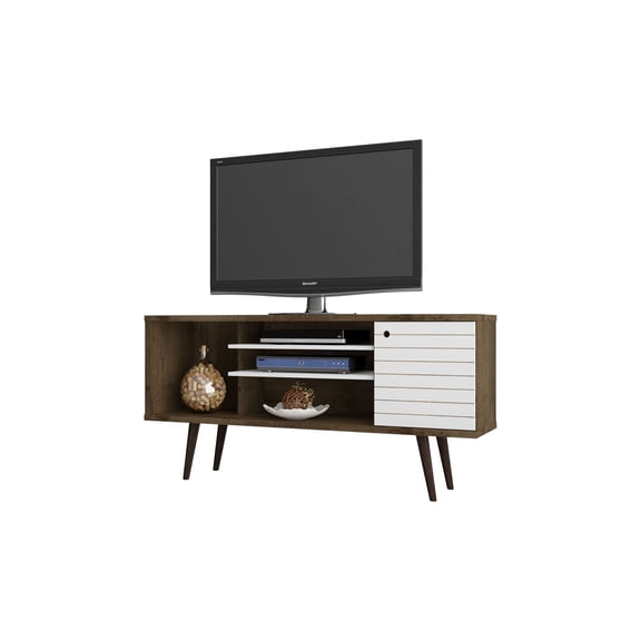 TV Stands With Storage, Liberty 53" TV Stand in Rustic Brown and White, Brown White Wooden TV Stands,Particle Board Entertainment Centers, Furniture Primary Living Space TV & Entertainment Furniture