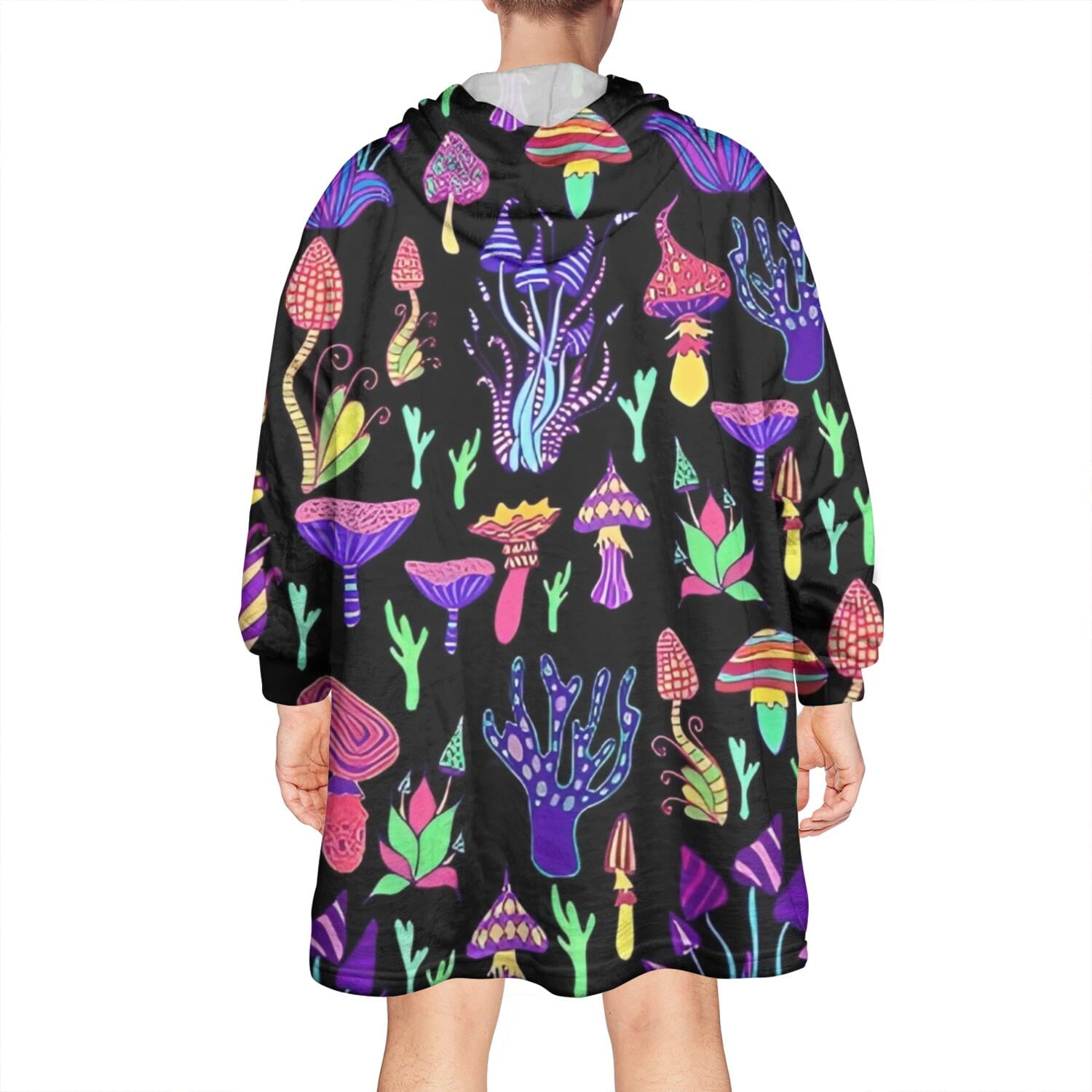 Purple Mushroom Black Pattern Wearable Oversized Blanket,Wearable Blanket Hoodie for Adults,Cozy Hooded Blankets with Super Pockets,Super Warm Fuzzy Pullover for Women & Men