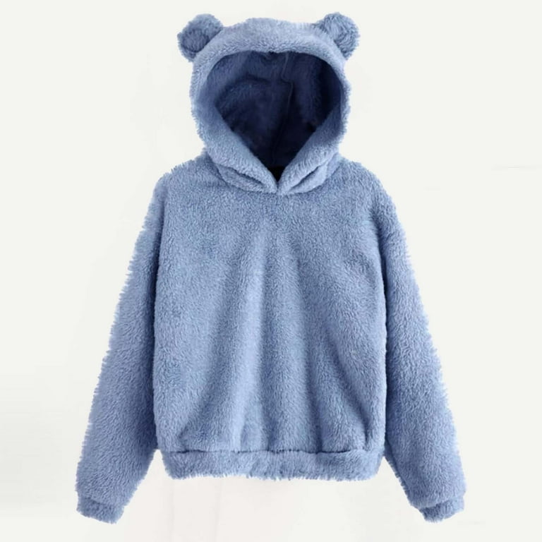 JWZUY Womens Fleece Pullover Cute Bear Ear Hoodie Fluffy Coat Warm Plush  Sweatshirt Teen Girls Long Sleeve Outerwear Blue XXXXL 