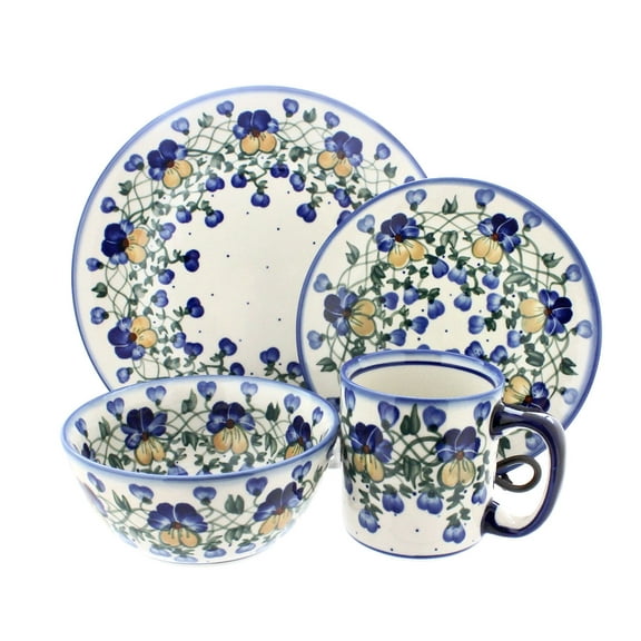 Blue Rose Polish Pottery Pansies 16 Piece Dinner Set