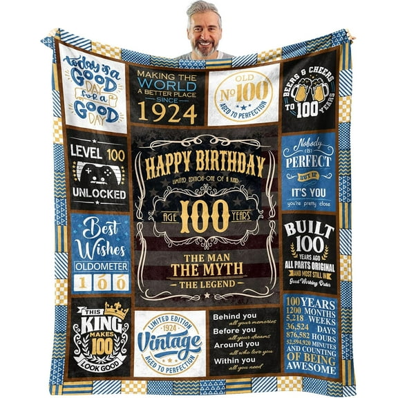 100th Birthday Blanket - Gifts for 100 Year Old Man - 100th Birthday Gifts for Men -100th Birthday Gift Ideas for Dad, Grandpa - 100th Birthday Decorations