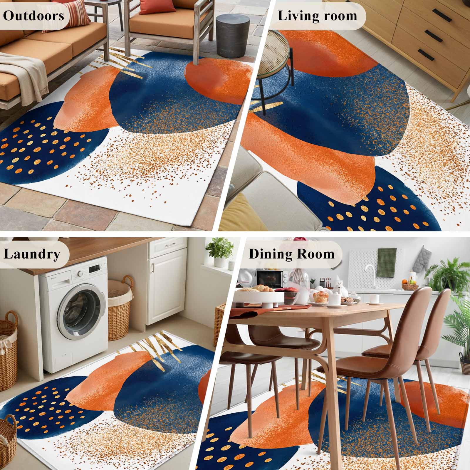 3'x5' Area Rugs, Navy Blue Burnt Orange Indoor Outdoor Area Rug for Living Room Bedroom, Abstract Modern Geometric Washable Bathroom Rugs Kitchen Floor Carpet Mats Home Decor Aesthetic
