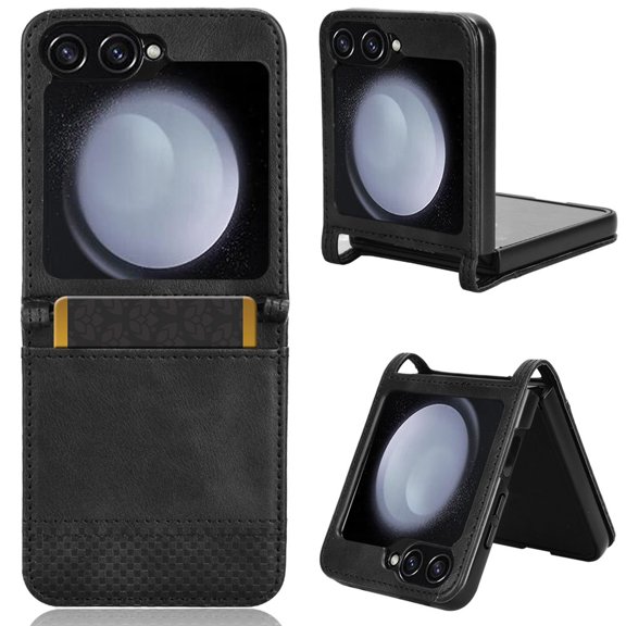 Feishell Case for Samsung Galaxy Z Flip 6 Retro Texture Premium PU Leather with Credit Card Holder Pocket Slim Fit for Women Men Protective Phone Case,Black