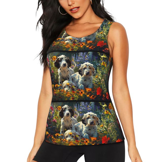 Balery Sunflower Field Spotted Dog Camiseta sin mangas estampada ligera para mujer, tops de entrenamiento sin mangas, camisetas de yoga transpirables de secado rápido.-XX-Large