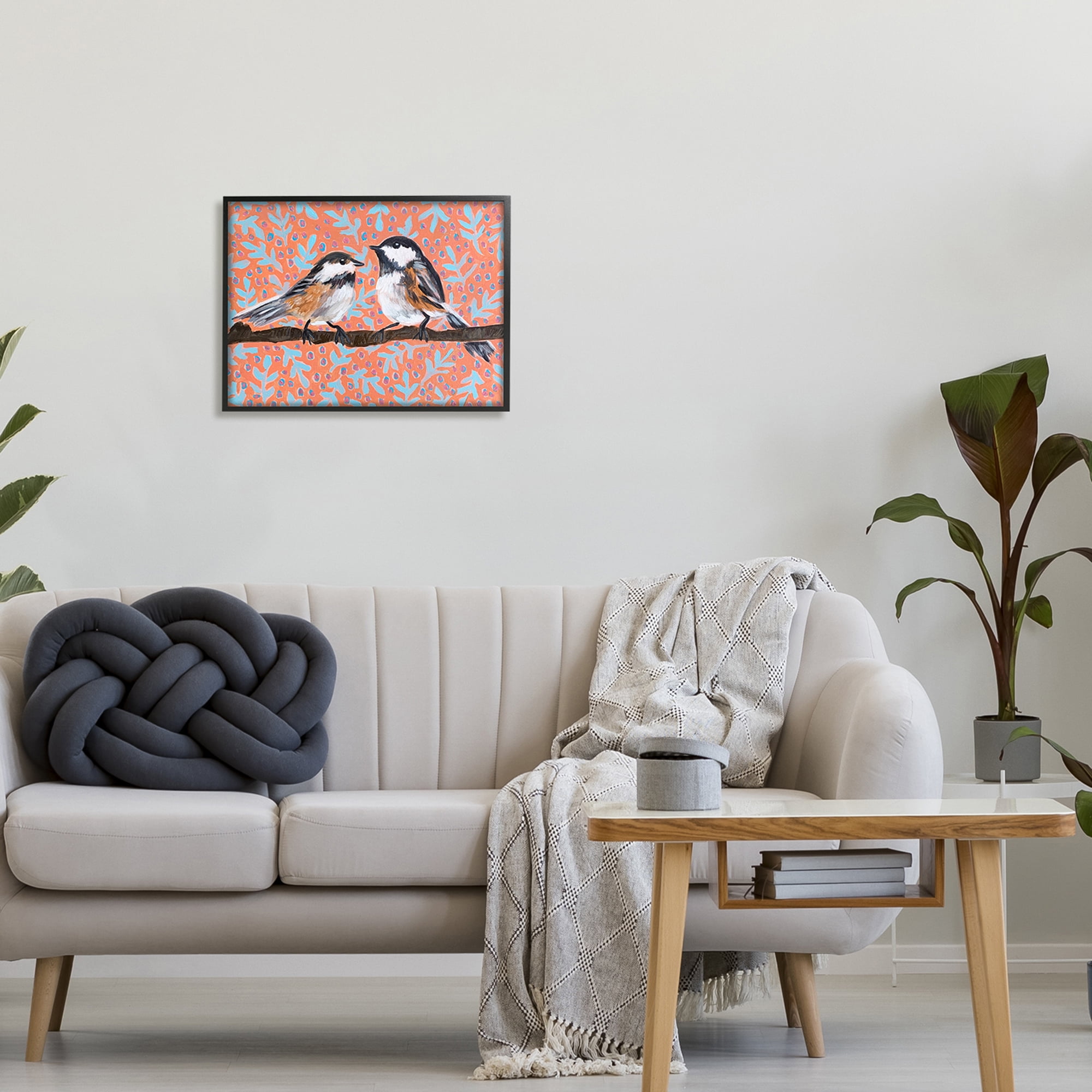 Stupell Industries Finches Standing Tree Branch Retro Botanical Pattern Paintings Black Framed Art Print Wall Art, 20x16, by Molly Susan Strong