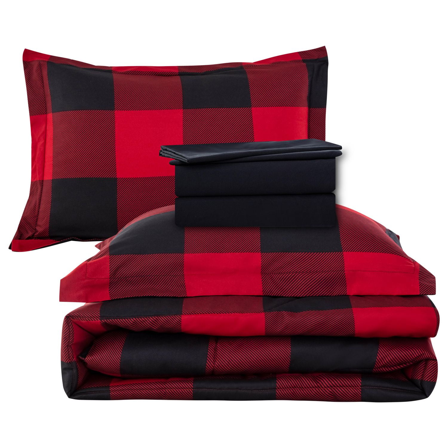 Marina Decoration Ultra Soft Luxury Fluffy Goose Down Alternative Bed in a Bag Rich Printed Comforter Set Includes Sheet Set, Red Black Plaid Pattern