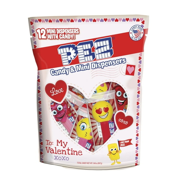 PEZ Candy Valentines Party Bag, 12 Individually Wrapped Candy Dispensers, Each with 1 Candy Refill, 1 Count, 3.48 oz