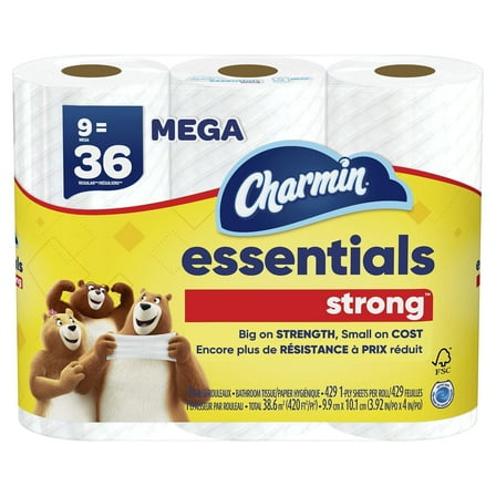 Charmin Essentials Strong Toilet MMF7 Paper, 9 Mega Rolls = 36 Regular Rolls
