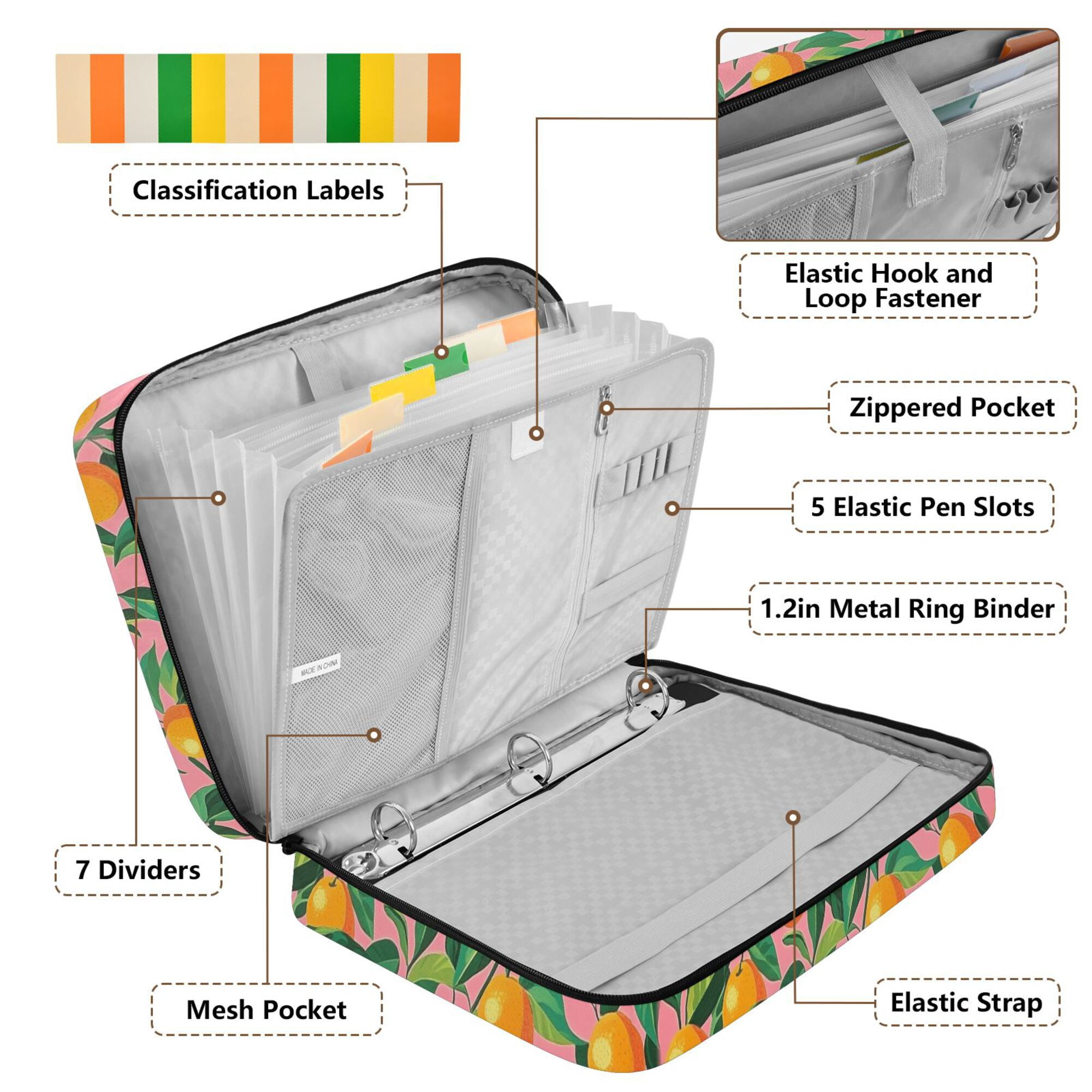FORMRS Accordion File Folder A4 Size 7-Pocket Expanding Document Organizer Bag with 3 Ring Binder, Pink Oranges