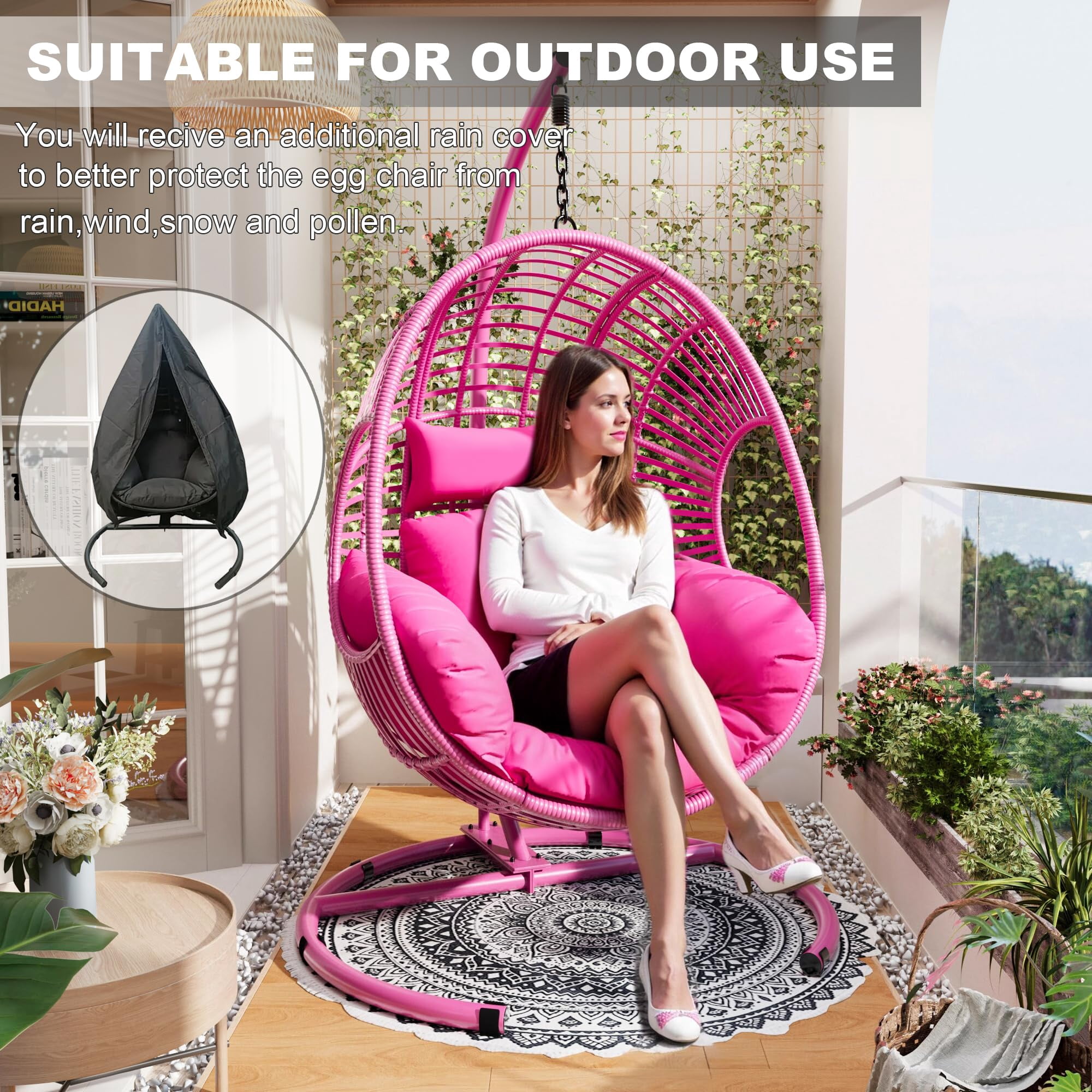 Oversized Hanging Egg Chair Outdoor Indoor, Wicker Swing Egg Chair with Stand  Rain Cover UV Resistant Cushion 400lbs Capacity for Bedroom, Patio, Garden and Balcony (Pink-Regular)