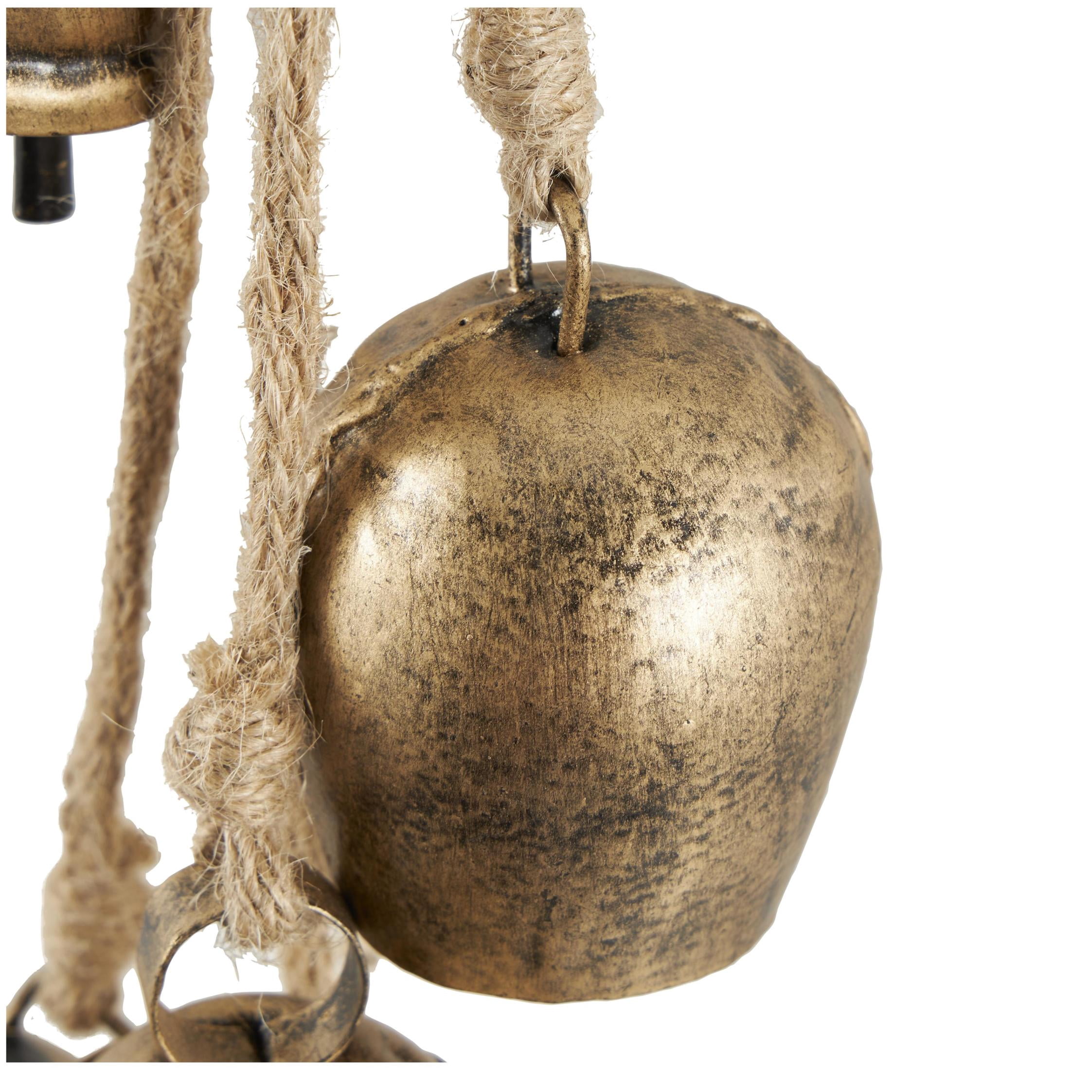 DecMode Tibetan Inspired Cascading Gold Metal Various Shapes Decorative Cow Bells with 5 Bells on Jute Hanging Rope