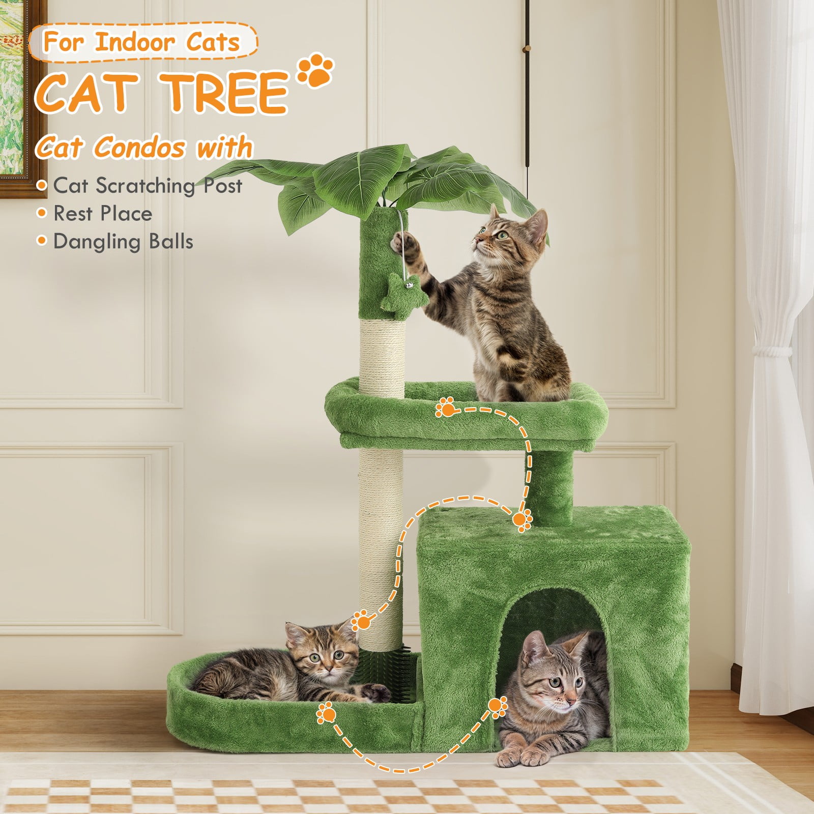 OSM 32 Inch Cat Tree for Kittens and Senior Cats, Low-Profile Cat Tower with Scratching Posts, Cozy Condo, Perch & Hanging Toys, Leaf-Themed Space-Saving Cat House, Green