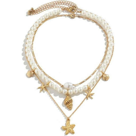 Layered Pearl Necklaces for Women, Dainty 14K Gold Plated Shell Starfish Eye Pendent Chain Choke Necklace Preppy Personalized Fashion Jewelry