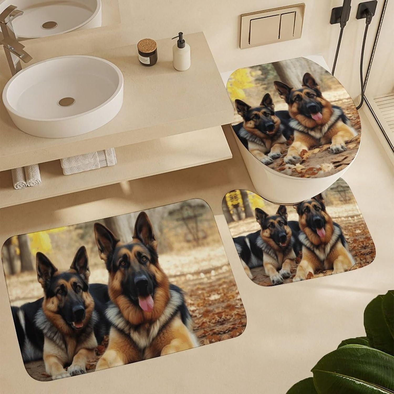 Bath Rug Set 4 Piece German Shepherd Dog Print 4 Piece Bathroom Rug Set,Four Piece Bathroom Sets Including Shower Curtain Sets and Hooks