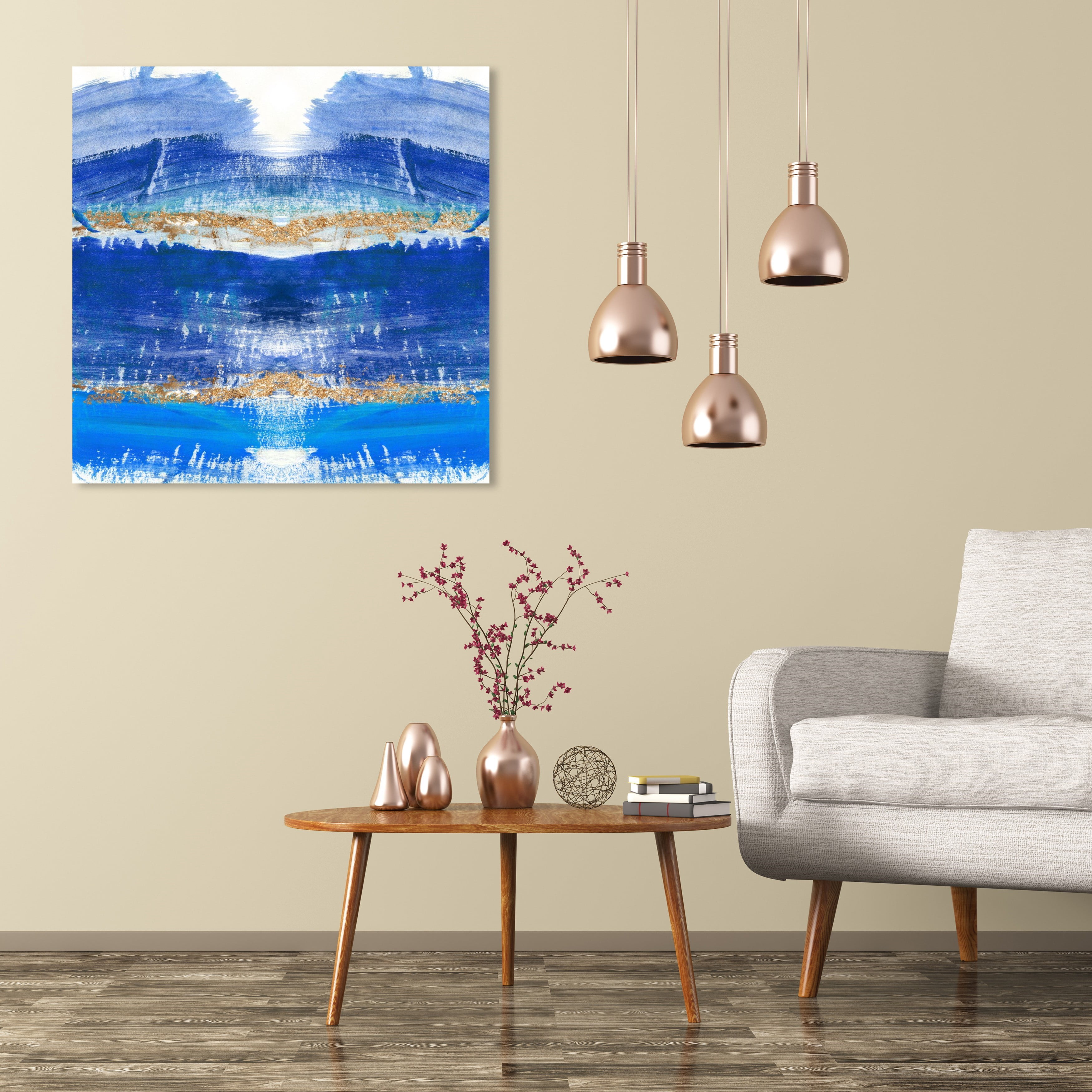Wynwood Studio Abstract Modern Canvas Art - Blue Abstract Coastal Scene, Wall Art for Living Room, Bedroom, and Bathroom, 30 in x 30, Blue and Gold Home Decor