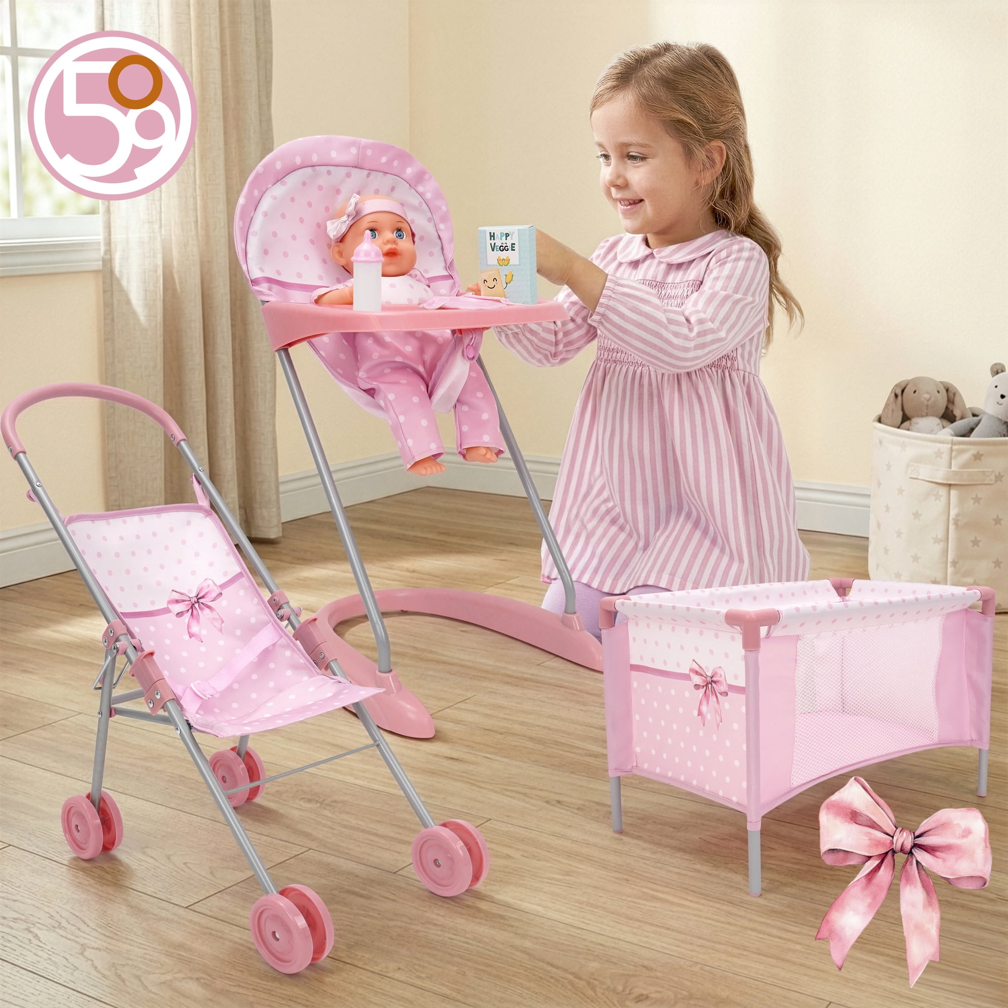 509 Crew: Bow Travel Care n Feed Set & Baby Doll - Pink-White, 9pc On-the-Go Accessories, Highchair-Umbrella Stroller-Play Yard, Roleplay Toy, Kids 3+