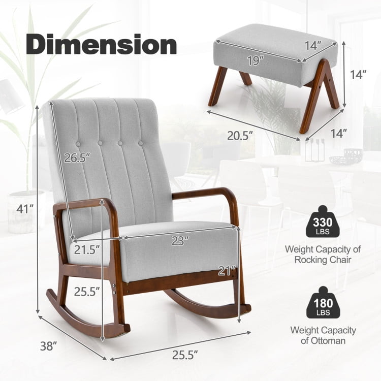 Finihen Rocking Chair, Modern Upholstered Accent Chair, Rocking Chair with Ottoman and Solid Rubber Wood Frame and Padded Cushion, for Living Room, Bedroom, Gray Finihen Rocking Chair, Modern Upholstered Accent Chair, Rocking Chair with Ottoman and Solid Rubber Wood Frame and Padded Cushion, for Living Room, Bedroom, Gray