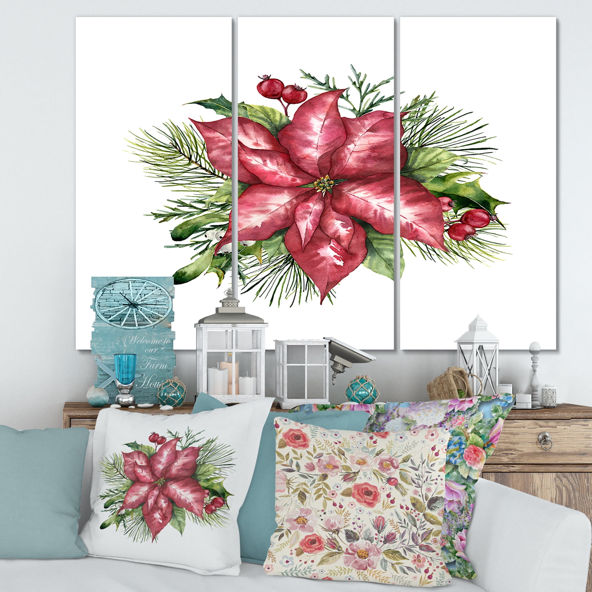 Designart ' Christmas Fir Branch and Holly Mistletoe Berries III ' Traditional Canvas Wall Art Print
