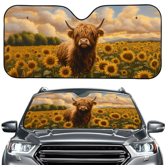 Xoenoiee Highland Cattle Sunflower Print Car Windshield Sunshade, Foldable Auto Front Window Shade Blocks UV Rays Car Accessories Universal Fit