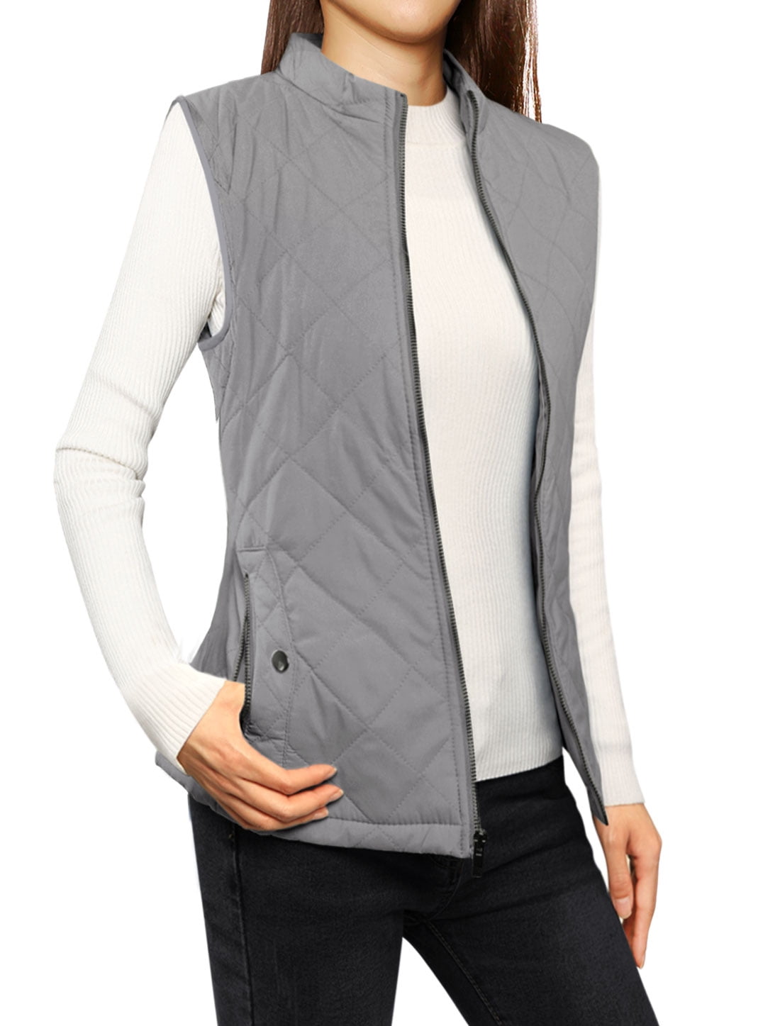 Women's Zip Up Front Stand Collar Lightweight Quilted Padded Vest Gray