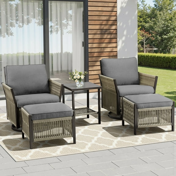 Lumiinofami 5 Piece Patio Outdoor Furniture Sets, Outdoor Wicker Conversation Sets with Swivel Glider Chairs, Ottomans and Side Table for Backyards Garden Porch, Gray Cushions