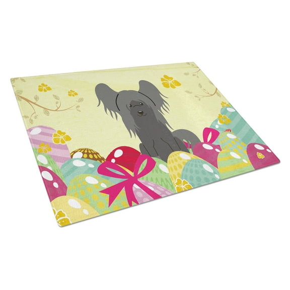 Carolines Treasures BB6112LCB Easter Eggs Chinese Crested Black Glass Cutting Board Large, 12H x 16W, multicolor