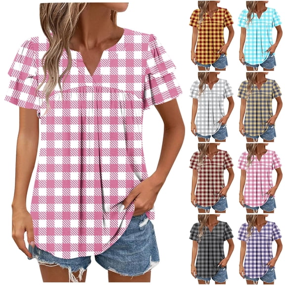 YHAJDS Women Tops Short Sleeve V Neck Plaid Striped Blouse with Ruffle and Sleeve Casual Summer Top