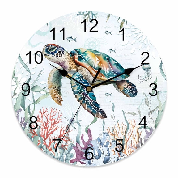 Wall Clock Turtle Clocks PVC Silent Non-Ticking Battery Operated Decorative Ocean Starfish Coral Seagrass Round Clock for Home Living Room Kitchen Bedroom Office School Wall Decor 10 Inch